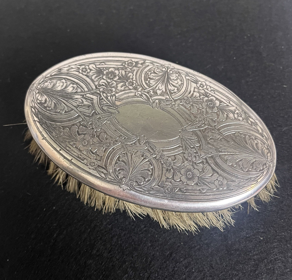 Oval Grooming Vanity Hair Brush Victorian Vintage Ornate Embossed Silver Tone